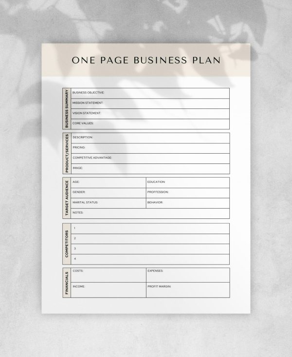 One Page Business Plan